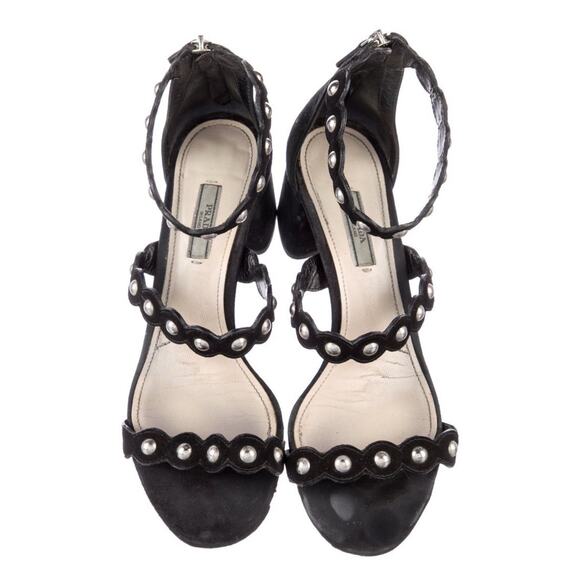 Authentic PRADA Block Heel Pewter Studded Suede Sandal Rear Zip Sandal Sz 40.5 - Picture 2 of 6